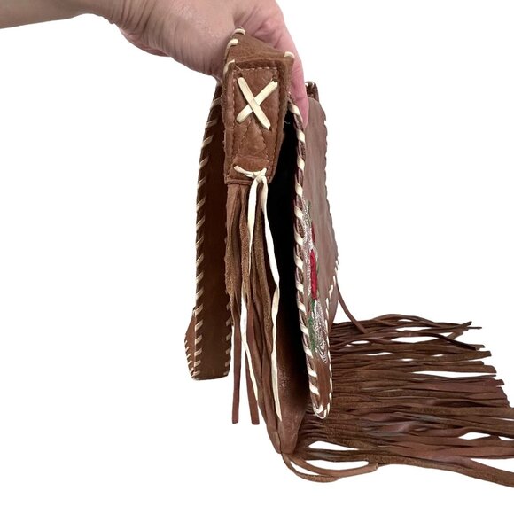 Handcrafted Brown Leather Crossbody Bag Red Rose Embroidery & Fringe Accents GUC - Picture 9 of 12